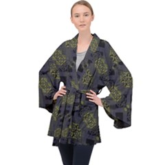 Grey Green Black Abstract Checkered Stripes Long Sleeve Velvet Kimono  by SpinnyChairDesigns