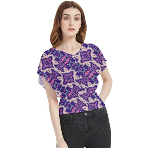 Amethyst And Pink Checkered Stripes Butterfly Chiffon Blouse by SpinnyChairDesigns