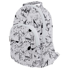 Black And White Music Notes Rounded Multi Pocket Backpack by SpinnyChairDesigns