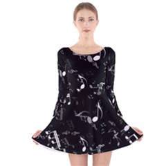 Black And White Music Notes Long Sleeve Velvet Skater Dress by SpinnyChairDesigns