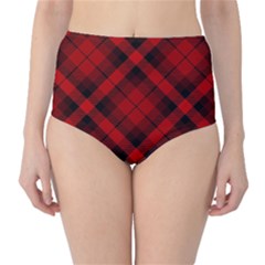 Red And Black Plaid Stripes Classic High-waist Bikini Bottoms by SpinnyChairDesigns