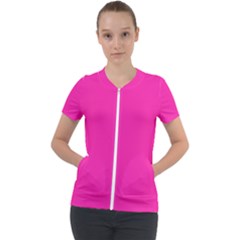 Neon Pink Color Short Sleeve Zip Up Jacket by SpinnyChairDesigns