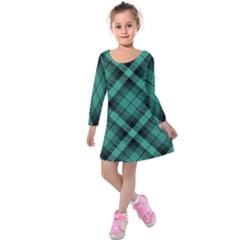 Biscay Green Black Plaid Kids  Long Sleeve Velvet Dress by SpinnyChairDesigns