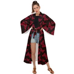 Red And Black Butterflies Maxi Kimono by SpinnyChairDesigns