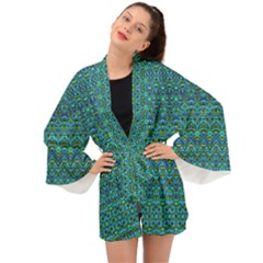 Boho Teal Green Blue Pattern Long Sleeve Kimono by SpinnyChairDesigns