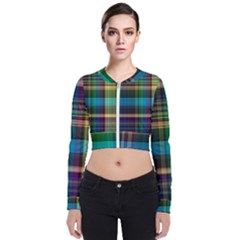 Colorful Madras Plaid Long Sleeve Zip Up Bomber Jacket by SpinnyChairDesigns