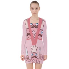 Squid Chef Cartoon V-neck Bodycon Long Sleeve Dress by sifis