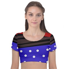 Mixed-lines-dots Black-bg Velvet Short Sleeve Crop Top  by Casemiro