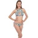 Flower White Blue Pattern Floral Cross Front Halter Bikini Set View1