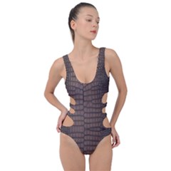 Brown Alligator Leather Skin Side Cut Out Swimsuit by LoolyElzayat