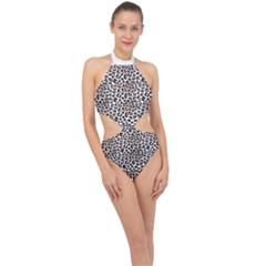 3d Leopard Print Black Brown White Halter Side Cut Swimsuit by LoolyElzayat