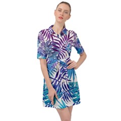 Blue Tropical Leaves Belted Shirt Dress by goljakoff