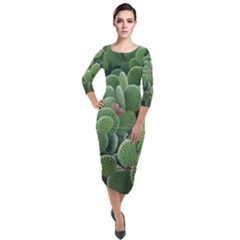 Green Cactus Quarter Sleeve Midi Velour Bodycon Dress by Sparkle