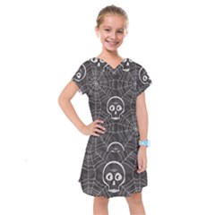 Skull And Spider Web On Dark Background Kids  Drop Waist Dress by FloraaplusDesign