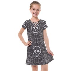 Skull And Spider Web On Dark Background Kids  Cross Web Dress by FloraaplusDesign