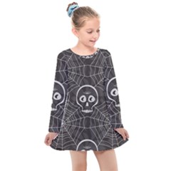 Skull And Spider Web On Dark Background Kids  Long Sleeve Dress by FloraaplusDesign