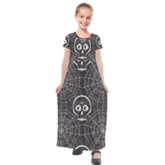 Skull And Spider Web On Dark Background Kids  Short Sleeve Maxi Dress by FloraaplusDesign