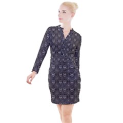 Skull And Spider Web On Dark Background Button Long Sleeve Dress by FloraaplusDesign