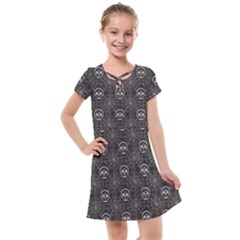 Skull And Spider Web On Dark Background Kids  Cross Web Dress by FloraaplusDesign