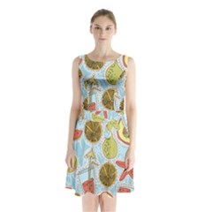 Tropical Pattern Sleeveless Waist Tie Chiffon Dress by GretaBerlin