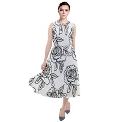 Line Art Black And White Rose Round Neck Boho Dress by MintanArt