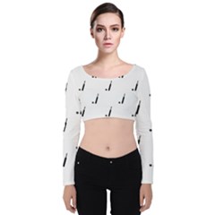 Black And White Cricket Sport Motif Print Pattern Velvet Long Sleeve Crop Top by dflcprintsclothing