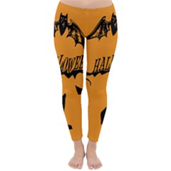 Happy Halloween Scary Funny Spooky Logo Witch On Broom Broomstick Spider Wolf Bat Black 8888 Black A Classic Winter Leggings by HalloweenParty