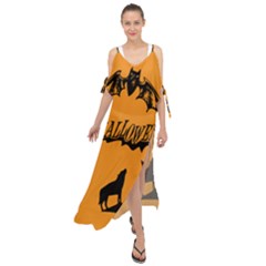 Happy Halloween Scary Funny Spooky Logo Witch On Broom Broomstick Spider Wolf Bat Black 8888 Black A Maxi Chiffon Cover Up Dress by HalloweenParty