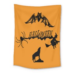 Happy Halloween Scary Funny Spooky Logo Witch On Broom Broomstick Spider Wolf Bat Black 8888 Black A Medium Tapestry by HalloweenParty