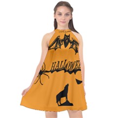 Happy Halloween Scary Funny Spooky Logo Witch On Broom Broomstick Spider Wolf Bat Black 8888 Black A Halter Neckline Chiffon Dress  by HalloweenParty