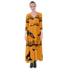 Happy Halloween Scary Funny Spooky Logo Witch On Broom Broomstick Spider Wolf Bat Black 8888 Black A Button Up Maxi Dress by HalloweenParty