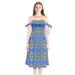 Gold And Blue Fancy Ornate Pattern Shoulder Tie Bardot Midi Dress by dflcprintsclothing