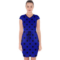 Large Black Polka Dots On Admiral Blue - Capsleeve Drawstring Dress  by FashionLane