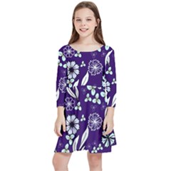 Floral Blue Pattern  Kids  Quarter Sleeve Skater Dress by MintanArt