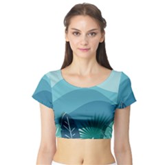 Illustration Of Palm Leaves Waves Mountain Hills Short Sleeve Crop Top by HermanTelo