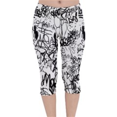 Black And White Graffiti Abstract Collage Velvet Capri Leggings  by dflcprintsclothing