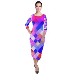 Squares Pattern Geometric Seamless Quarter Sleeve Midi Velour Bodycon Dress by Dutashop