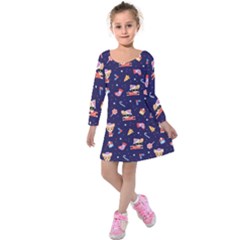 Cat Astro Love Kids  Long Sleeve Velvet Dress by designsbymallika