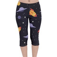 Cosmos Rockets Spaceships Ufos Velvet Capri Leggings  by Amaryn4rt