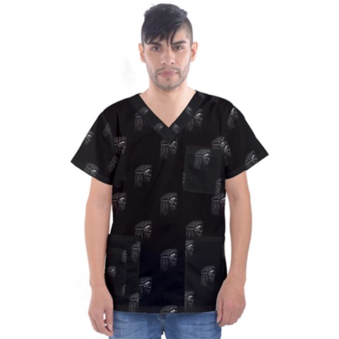 Arfican Head Sculpture Motif Print Pattern Men s V-neck Scrub Top by dflcprintsclothing