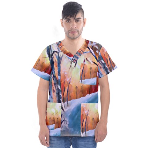 Paysage D hiver Men s V-neck Scrub Top by sfbijiart