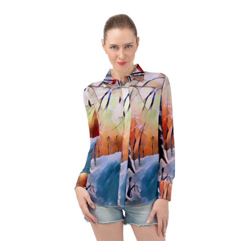 Paysage D hiver Long Sleeve Chiffon Shirt by sfbijiart