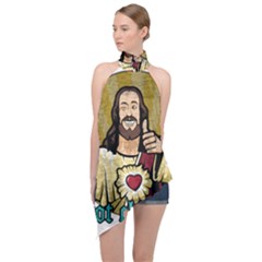 Buddy Christ Halter Asymmetric Satin Top by Valentinaart