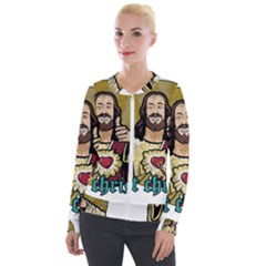 Buddy Christ Velvet Zip Up Jacket by Valentinaart