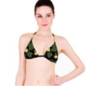 Tropical vintage yellow hibiscus floral green leaves seamless pattern black background. Bikini Top View1