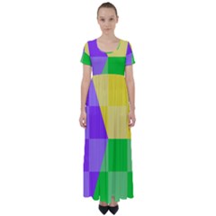 Purple Yellow Green Check Squares Pattern Mardi Gras High Waist Short Sleeve Maxi Dress by yoursparklingshop