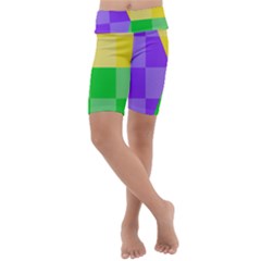 Purple Yellow Green Check Squares Pattern Mardi Gras Kids  Lightweight Velour Cropped Yoga Leggings by yoursparklingshop