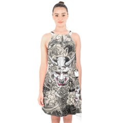 Samurai Oni Mask Halter Collar Waist Tie Chiffon Dress by Saga96