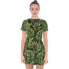 Green Tropical Leaves Drop Hem Mini Chiffon Dress by goljakoff