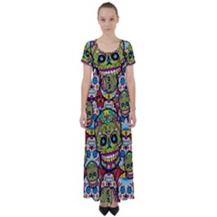 Sugar Skulls High Waist Short Sleeve Maxi Dress by ExtraAwesomeSauce